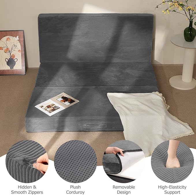 6-Inch Tri-Folding Mattress Full Size - Foldable Futon Sofa Bed with Removable Washable Cover, Folding Futon Mattress | Non-Slip Bottom & Carry Handles for Guest, Camping, Dorm