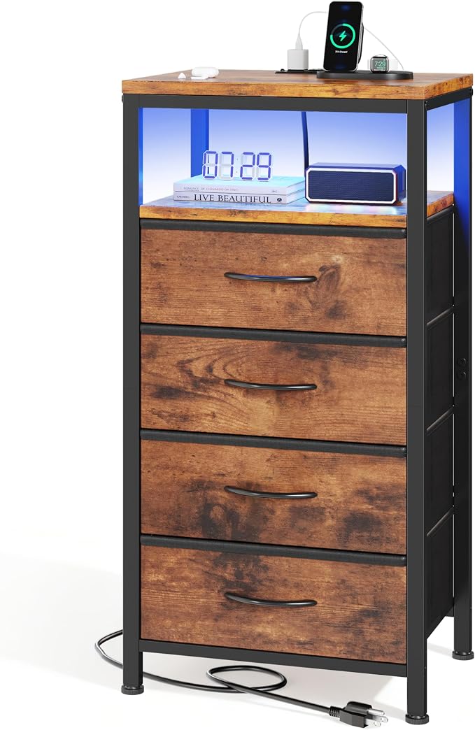 Sweetcrispy Nightstand with Charging Station, Bedside End Table with 4 Fabric Drawers, USB & Type-C Ports with AC Outlets, Adjustable Feet & Dimmable LED Light Strip, Modern Bedroom Furniture, Brown by Sweetcrispy