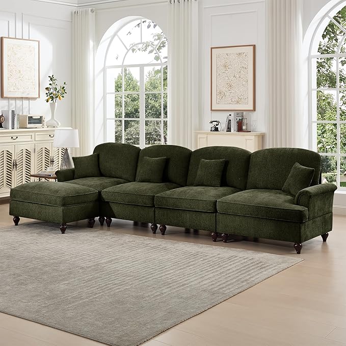 KEIKI Mid Century Modular Sofa with Flared Arms and Skirted Design, 137“ Oversized 4-Seater with Ottoman Luxury Chenille L-Shaped Sectional Couches for Living Room, Chaise Lounge Indoor, Green