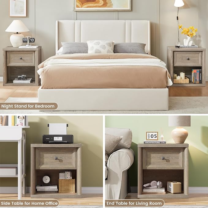 Grey Nightstand Set of 2, Farmhouse Modern Night Stand with Drawer & Open Storage Space, Large Bed Side Table for Bedroom Living Room, End Table with Metal Knob, Wooden Bedside Table - Image 5