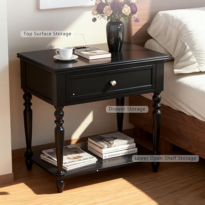 Solid Wood Nightstand with Charging Station, Traditional End Table with Drawers and Open Shelf, Bedside Table with Storage, Modern Side Table for Bedroom Set of 2, Black - Image 5