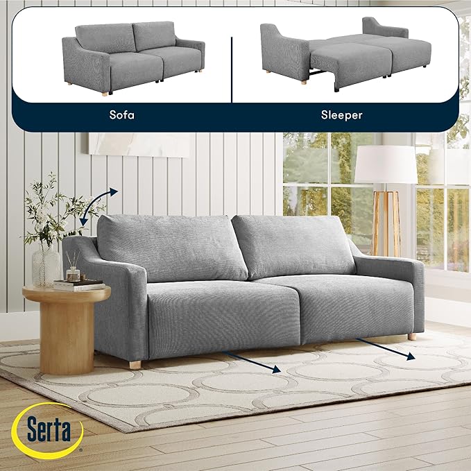 Serta Glendale 90.2" Queen Size Wall-Hugging Convertible Sofa, Dreamcoil Comfort, Chenille Fabric, Grey