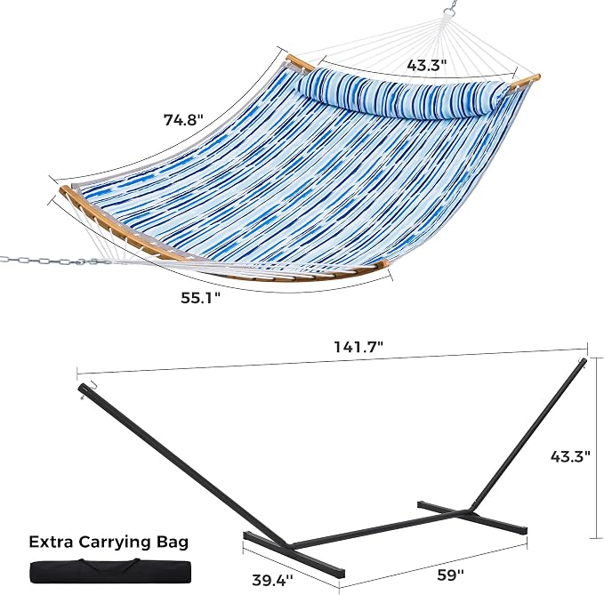 SUPERJARE Hammock with Stand, 2 Person Heavy Duty Hammock Frame, Detachable Pillow & Strong Curved-Bar & Portable Carrying Bag, Perfect for Outdoor & Indoor - Graffiti Blue - Image 8