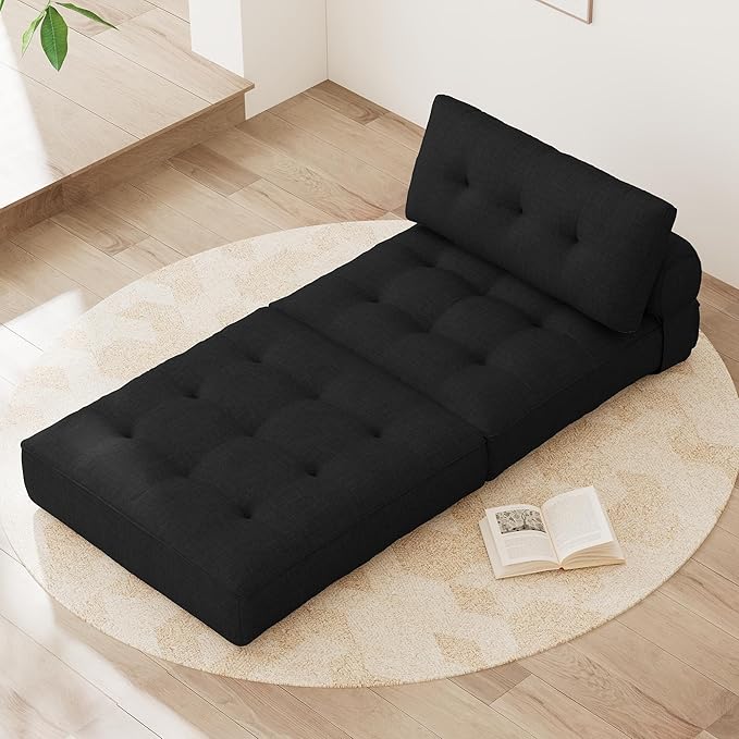 KINGYES Folding Chair Bed, 3 in 1 Convertible Sleeper Chair with Pillow, Foldable Futon Chair for Living Room, Black