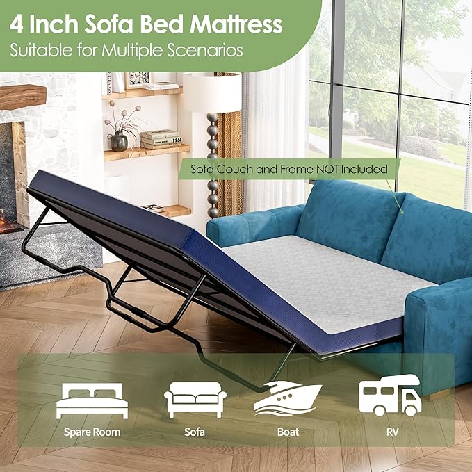 4 Inch Gel Memory Foam Sofa Mattress Full Size, Mattress Replacement for Sleeper Sofa, Couch Bed, Guest Rooms, RVs & Boats, with Washable Cover