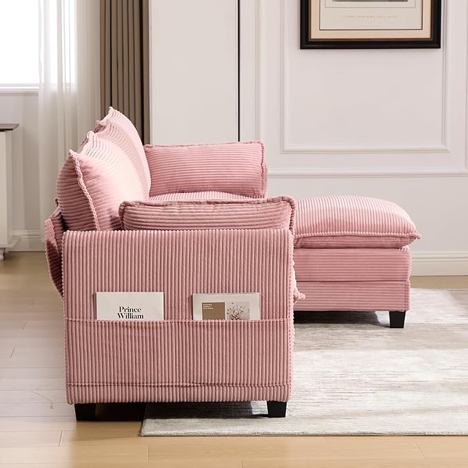 Modular Sectional Sofa Couch with Reversible Ottoman, 103" Oversized Corduroy Cloud Couch, 3 Seat Sectional Sofa with Solid Wood Frame and Side Pockets,for Living Room & Apartment