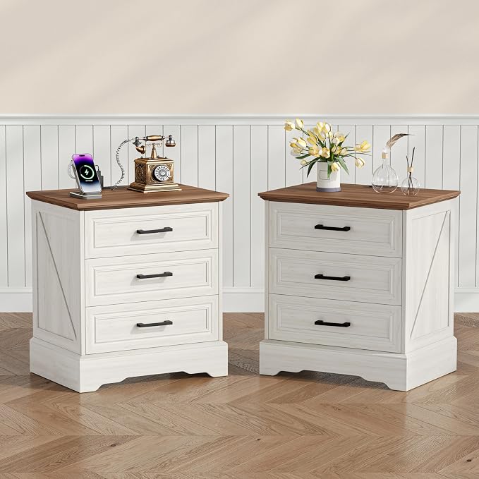 Akxomel Farmhouse Nightstand with Charging Station, 22" Wide Bedside Table with 3 Large Drawers & Bar Handles, Side End Table with Stable Support Base, for Bedroom, Off White - Image 8