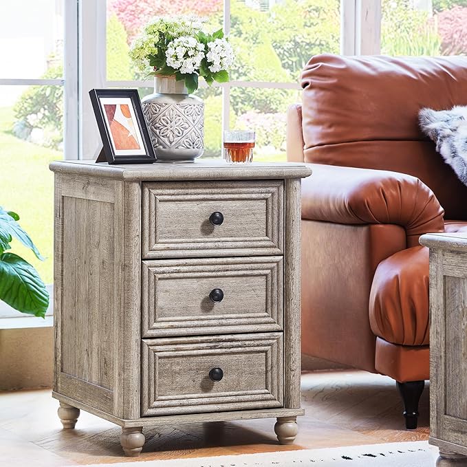 RWYHG 18" Farmhouse Night Stand Set of 2, Gray Wood Nightstand with 3 Drawers, Bedside End Table with Storage and Roman Column, Bed Side Tables Cabinet for Bedroom, Living Room, and Closet - Image 5