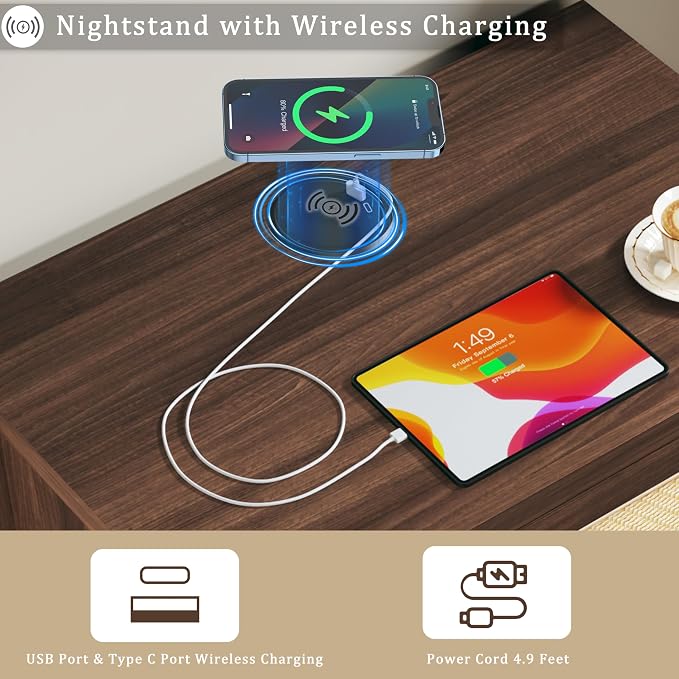 Rattan Nightstands Set of 2, Night Stand with Wireless Charging, Mid Century Modern Bedside Table with Drawer & Open Shelf, Curved Profile Design, End Side Table with Storage for Bedroom, Living Room - Image 3