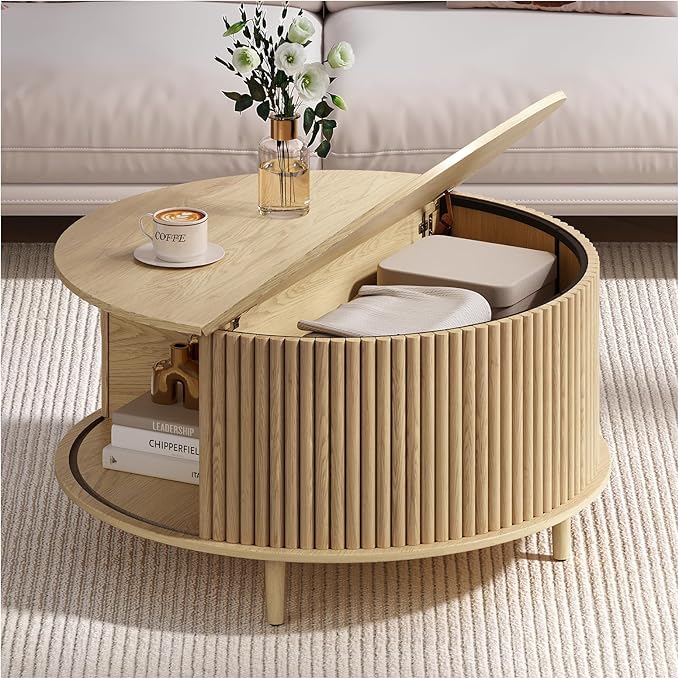 Round Coffee Table with Storage, 31.5" Mid Century Modern Coffee Table with Sliding Door & Solid Wood Legs, Minimalist Fluted Center Table for Living Room, Home Small Space, Oak