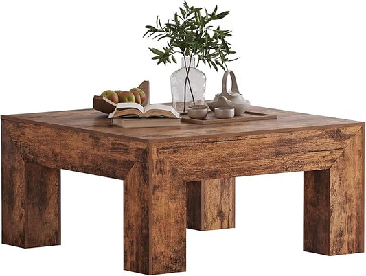LUMTOK Wooden Square Coffee Table,35.5 inch Farmhouse Low Cocktail with Thick Base for Living Room (Rustic Brown)