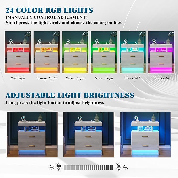 WOOVIVS Night Stand with Light, High Gloss Nightstand with USB/Wireless Charging Station, LED White Nightstands with Storage Drawers, RGB Side End Table for Bedroom Furniture（White - Image 3