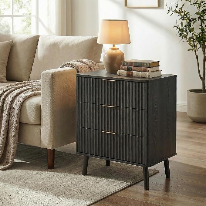 Nightstands Set of 2 Tall Night Stand with 3 Drawers 23.6" Wide, Fluted Wood Bedroom Bed Side Table Living Room End Table with Storage, Mid-Century Modern Black Nightstand Wooden Bedside Table, 2 Pcs - Image 5