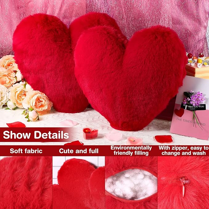 Marsui 2 Pcs Heart Throw Pillows, Soft Fluffy Faux Fur Decorative Hearts Shaped Pillows for Living Room Sofa Bed, Cute Heart Themed Gift for Women(Red,11.81 x 11.02 Inch)