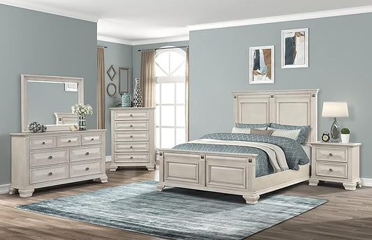 Roundhill Furniture Renova Distressed Parchment Wood Bedroom Set, Queen Panel Bed, Dresser, Mirror, Nightstand, Chest