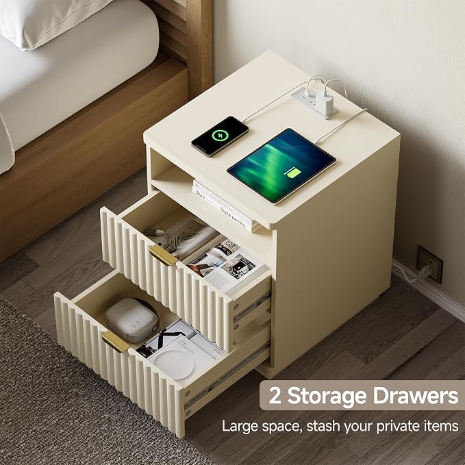Night Stand Set 2, Nightstand with Charging Station, Night Stand with Open Shelf and 2 Drawers for Bedroom, Side Table Bedside Table with USB Ports & Outlets, Small Nightstand End Table - Image 6