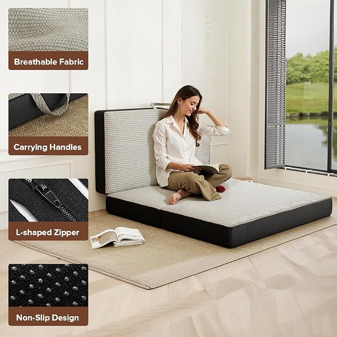 ROXGOX Memory Foam Trifold Mattress, Twin Portable Floor Bed 4 Inch, Foldable Mat with Washable Cover, Handle & Non-Slip Bottom, for RV, Travel, Camping, Yoga, 75"x38"x4", Grey