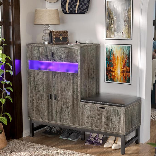 Armocity Shoe Cabinet Storage for Entryway - Freestanding Shoe Rack Bench with LED Lights & Power Outlets, Reversible Shoe Storage Cabinet Organizer with Drawer and Hidden Compartment, Grey Oak by Armocity