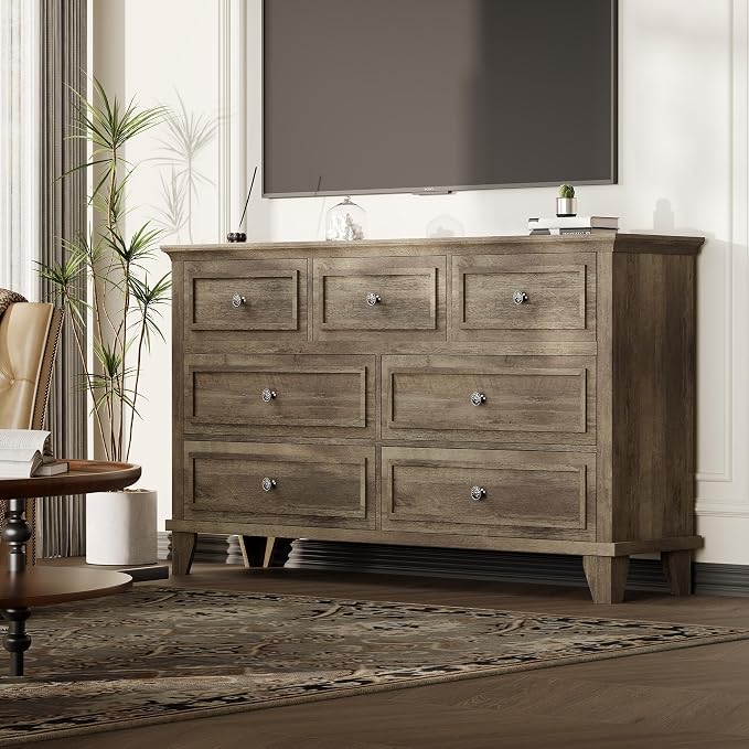 GAOMON Grey Dresser, 7 Drawer Dresser for Bedroom, 47" W Chest of Drawers with Deep Drawers, Closet Dressers with Metal Handle, Thickened Desktop, Wood Rustic Drawers for Hallway, Entryway, Closet - Image 3