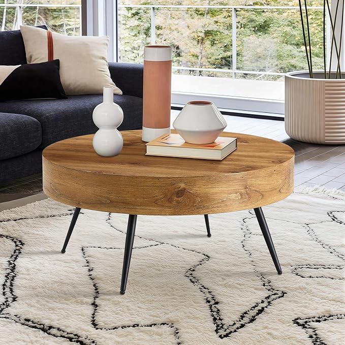 Round Coffee Table, Small Wood Coffee Table with Storage, Modern Mid Century Circle Tables Accent Center Tables for Living Room Apartment Small Space (31.5''D-Brown)