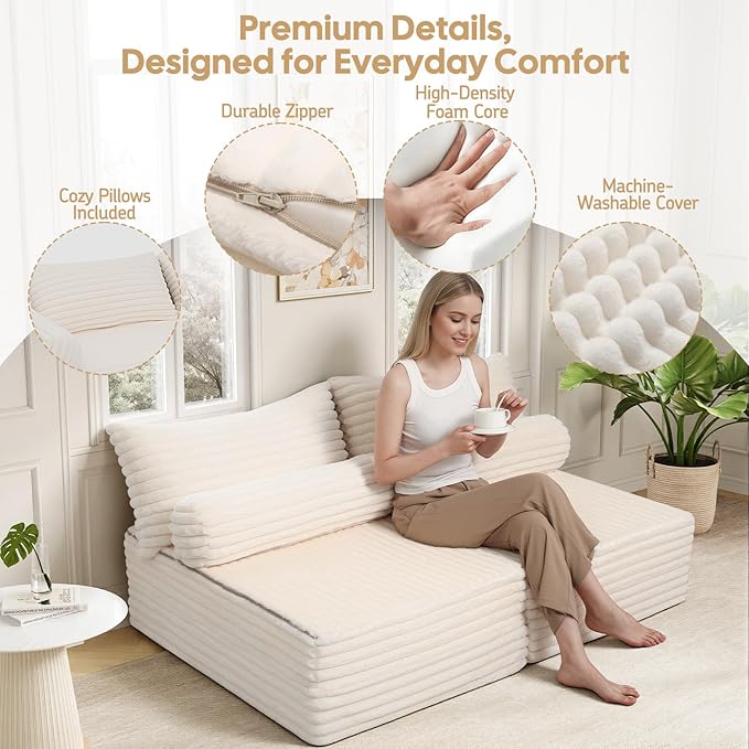 MeMoreCool Convertible Sofa Bed, Folding Floor Couch Bed Queen, Pull Out Sleeper Couch with Pillows, Fold Out Futon Sofa for Bedroom Living Room Small Space, Soft Corduroy