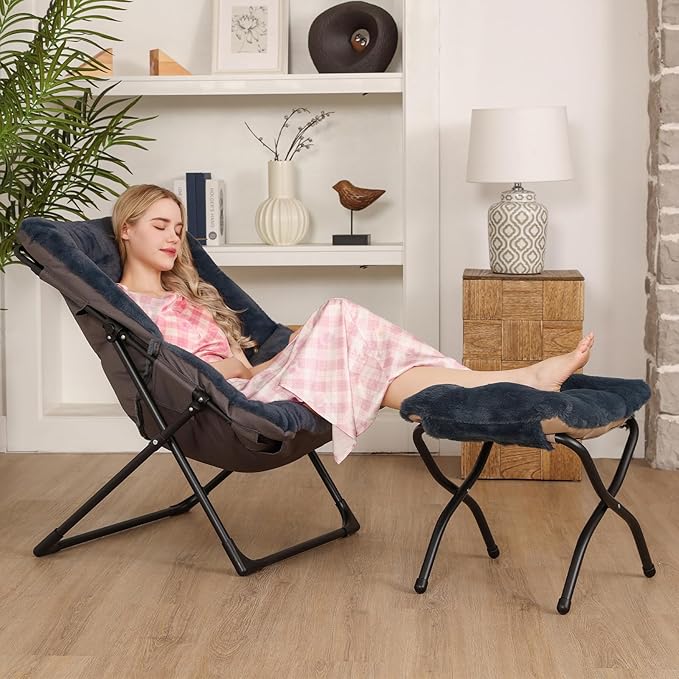 Comfy Saucer Chair for Adults, Soft Faux Fur Bedroom Chair with Ottoman, Accent Dorm Chairs, Living Room Reading Chairs and Footstool, Folding Seat for Teens, X-Large, Navy Blue