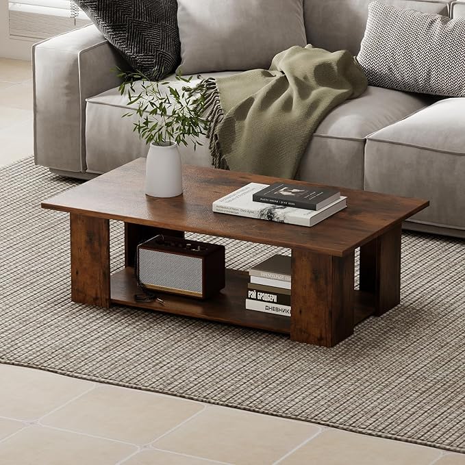 Giantex Rectangle Wood Center Table, 41" L 2-Tier Large Modern Tea Table w/Open Compartment, Easy Assembly, Accent Coffee Table for Living Room, Reception Room, Rustic Brown