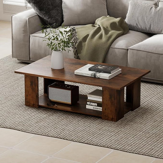 Giantex Rectangle Wood Center Table, 41" L 2-Tier Large Modern Tea Table w/Open Compartment, Easy Assembly, Accent Coffee Table for Living Room, Reception Room, Rustic Brown