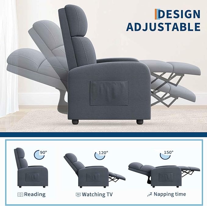Garvee Recliner Chair for Adults, Leather Lazy Recliner Ergonomic Adjustable Single Sofa Enhanced with Side Pocket, Tall Back, Wide Arms & Padded Seat, Home Theater Seating for Living Room, Grey