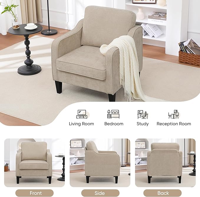 Accent Chair for Living Room, Mid Century Modern Reading Chair for Bedroom, Upholstered Armchair with Side Pockets, Comfy Single Sofa Side Chair for Office, Apartment, Small Room, Light Brow