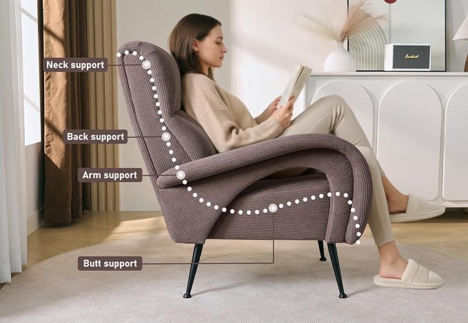 Corduroy Living Room Accent Chairs, Comfy High Back Reading Chair with Curved Arms and Solid Legs, Upholstered Armchair for Bedroom, Reading Nook, Apartment, Brown