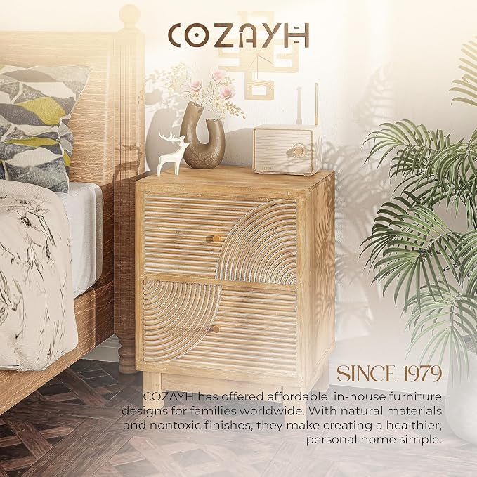 COZAYH Set of 2 2-Drawer Farmhouse Nightstand, Mid Century Nightstand Fully Assembled with Handcrafted Wood Ring Pattern for Boho, Mid-Century, Rustic Style, Natural Wood - Image 8