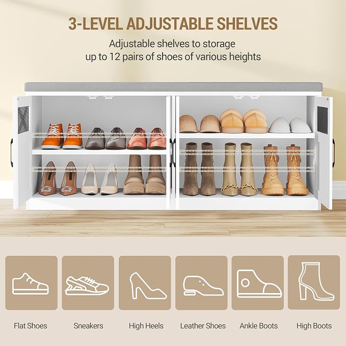 Hzuaneri 2 Tier Shoe Storage Bench with Doors, 47.2" Farmhouse Shoe Bench with Padded Cushion, 12 Pairs of Bed End Bench, Entryway Bench with Storage for Bedroom, Living Room, White SB61203X - Image 5