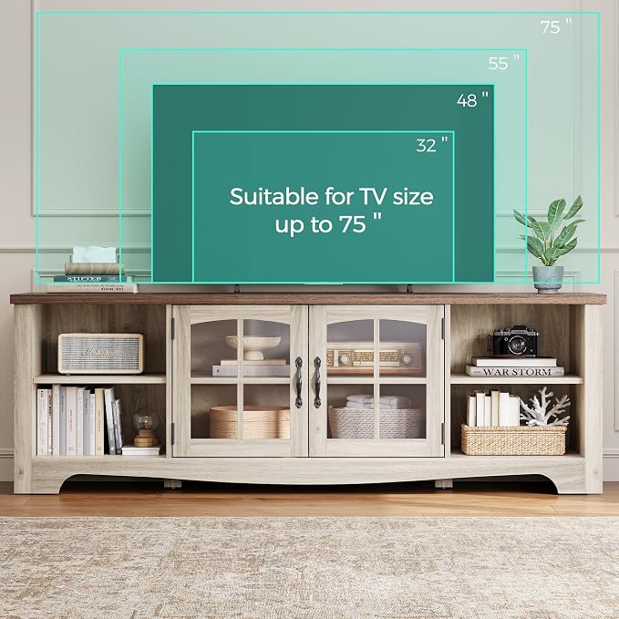 LINSY HOME TV Stand for 75 Inch TV, Modern Farmhouse Entertainment Center with Storage Cabinets and Glass Doors, Tall Media Console Table for Living Room, Bedroom, Large Long Television Stand, Beige - Image 4