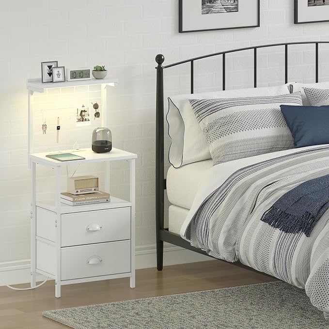 sthmec Tall Nightstands with Charging Station, LED Night Stand Bedsides with 2 PU Finish Fabric Drawers,Hooks,USB Port and Oepn Storage Shelves,Tall End Table Bedside for Bedroom,Office, White - Image 2