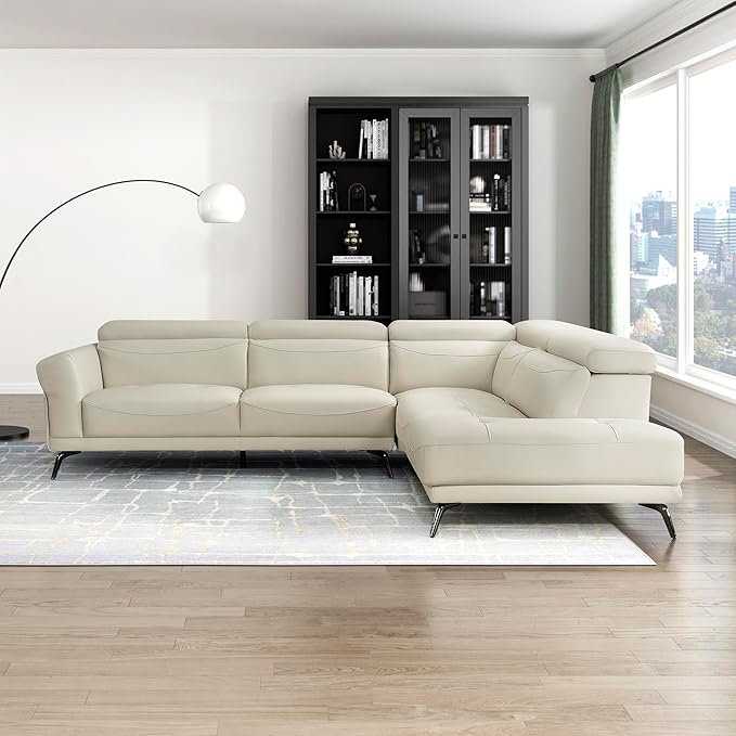Lexicon L-Shaped Sectional Couch with Right Chaise, Top Grain Leather Match Sectional Sofa, Adjustable Headrests, Black Chrome Metal Legs, High-Density Cushions, Stitching, for Living Room, Beige