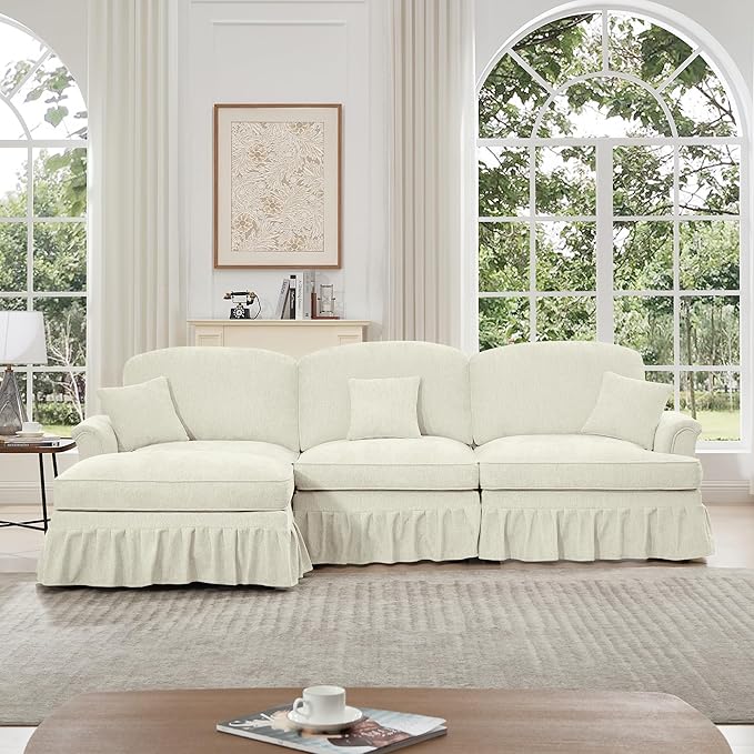 KEIKI Mid Century Modular Sofa with Flared Arms and Skirted Design, 107” Oversized 3-Seater with Ottoman Chenille L-Shaped Sectional Couches for Living Room, Chaise Lounge Indoor, Beige White