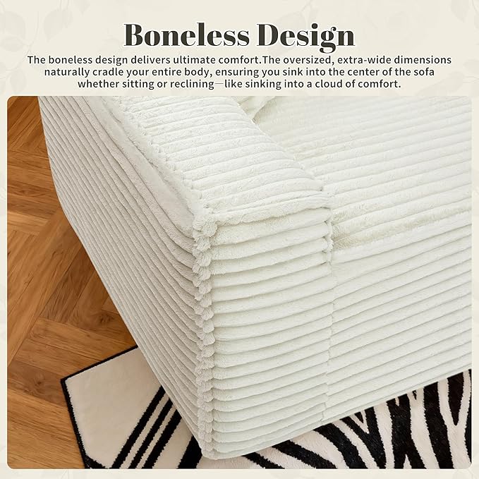 75" Cloud Loveseat Sofa, 26" Deep Seat Boneless Couches for Living Room, Modern 3 Seater Sofa with Throw Pillows, Corduroy Compression Sofa in Box, No Assembly Couch for Bedroom, Dorm, Beige