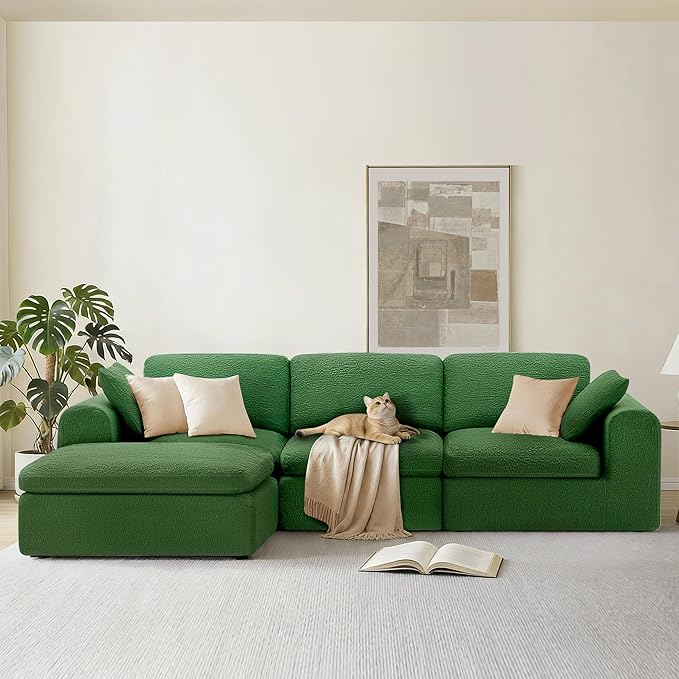 108" Boneless Cloud Couch Sectional No Assembly Required Modular Sofa with Deep Seat for Living Room L Shaped Couch with Ottoman Snowflake Fabric and Memory Sponge Moss Green