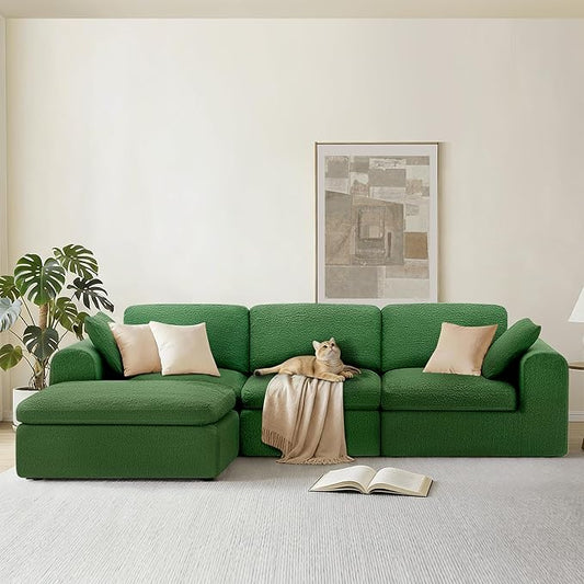 108" Boneless Cloud Couch Sectional No Assembly Required Modular Sofa with Deep Seat for Living Room L Shaped Couch with Ottoman Snowflake Fabric and Memory Sponge Moss Green