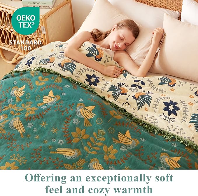 Boho Throw Blanket - 100% Cotton Soft Throw Blanket for Bed, 90"x108" Reversible Breathable Lightweight Spring Blankets, All Seasons Farmhouse Decor Floral Plant Bird Throw Quilt