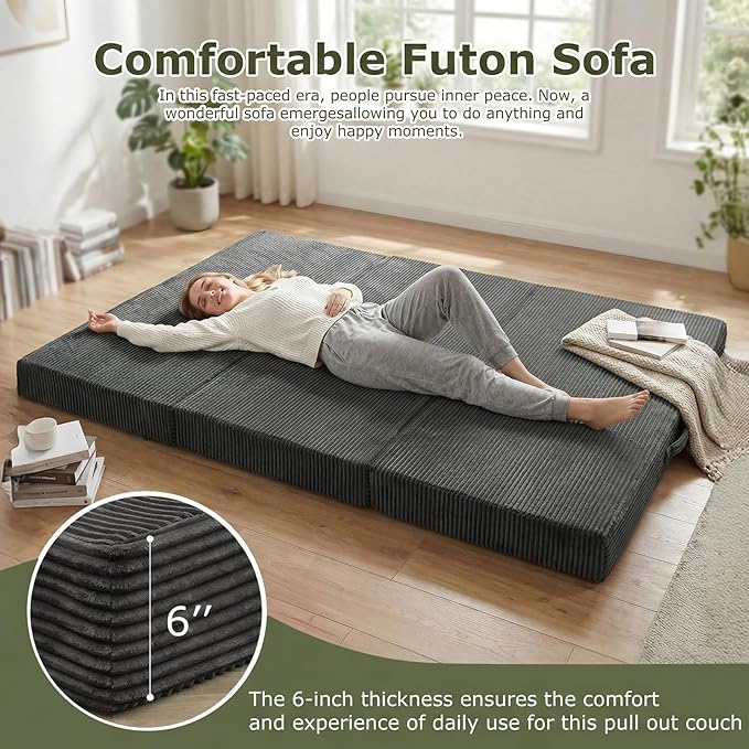 5-in-1 Convertible Sofa Bed, Boneless Loveseat Sleeper with Removable Cushions & Washable Corduroy Cover, Futon Sofa Bed with Handle, Pull Out Couch for Small Spaces, Full Size, Grey
