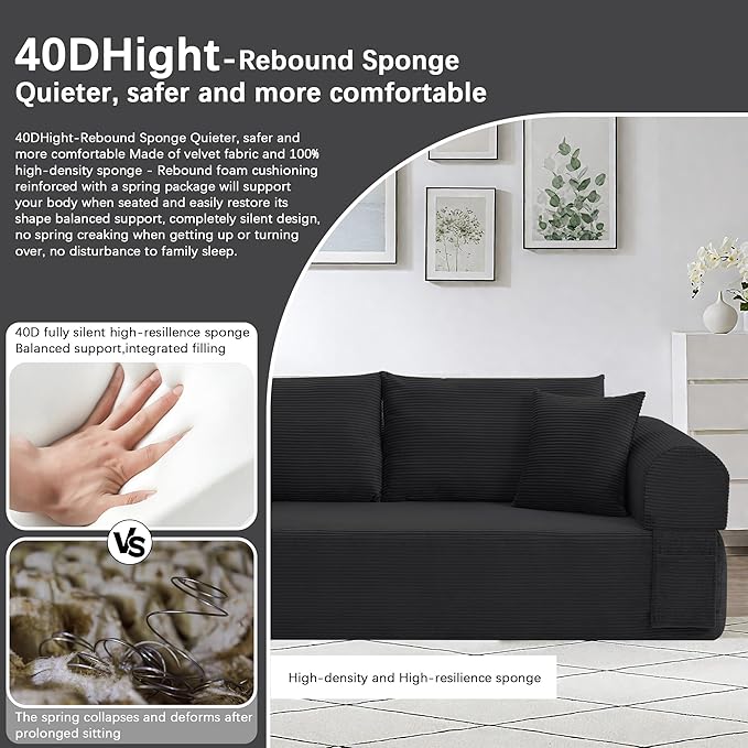83" Modern Sofa in a Box, No Assembly Oversized 3 Seater 28" Deep Seat Cloud Sofa Bed Couch with 4 Furry Pillows & Corduroy Fabric, Boneless Couch with Side Storage Pockets for Living Room, Black