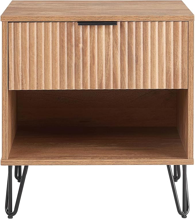 Manhattan Comfort Dumbo Fluted Nightstand with Drawer and Open Shelf, Gold Hairpin Legs and Metal Handle, Snap Tool-Free Assembly, Bedside Accent Table for Bedroom, Office, Living Room in Golden Brown by ManhattanComfort
