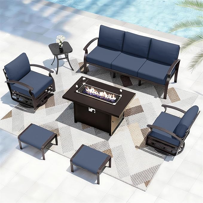 ALAULM Aluminum Patio Furniture Set with Propane Fire Pit Table 7-seat Metal Outdoor Furniture w/Swivel Chairs Patio Sectional Sofas w/2 Ottomans for Porch, Backyard, Poolside-Dark Blue