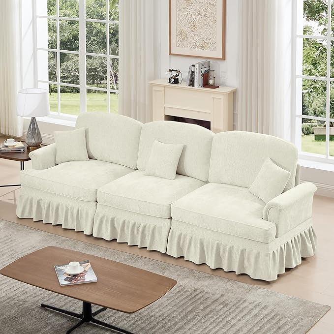 KEIKI Mid Century Modular Sofa with Flared Arms and Skirted Design, 107” Oversized 3-Seater Luxury Chenille Sectional Couches for Living Room, Big Comfy Couch Bedroom Furniture, Beige White