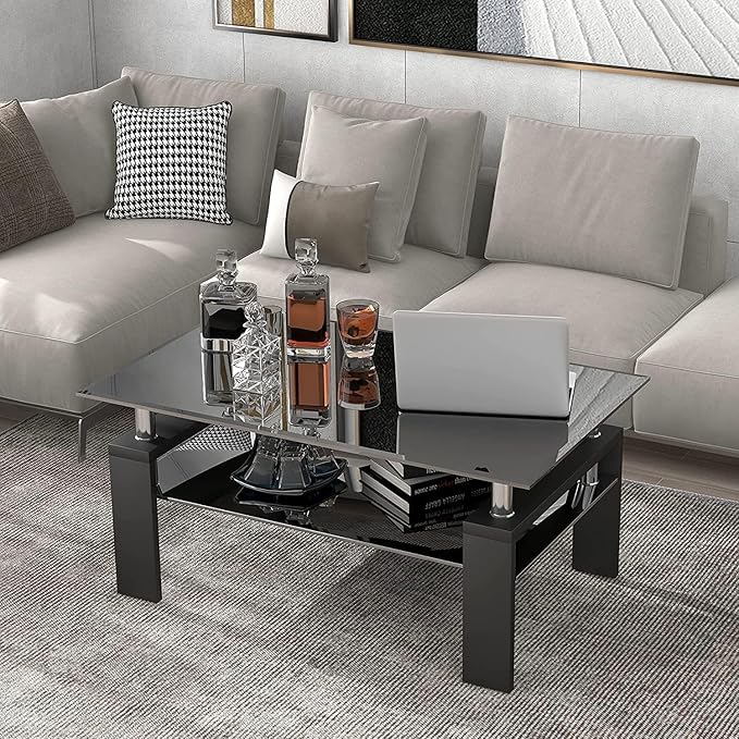 38.6'' Rectangle Glass Coffee Table, Black Coffee Table with Tempered Glass & Metal Legs, 2-Tier Modern Center Table with Storage Shelf, Black Glass Coffee Tables for Living Room, Apartment, Office