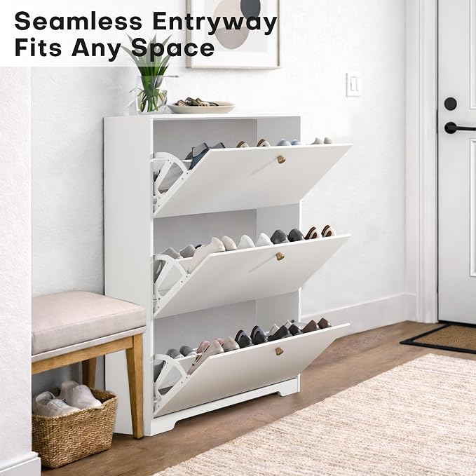 Nicetree Shoe Cabinet with 3 Flip Drawers, Narrow Shoe Organizer Cabinet, Freestanding Shoe Rack Cabinet, Morden Shoe Storage Cabinet for Entryway, Hallway, Foryer, White with Hook - Image 4
