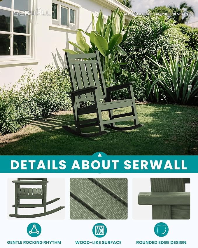 SERWALL Oversized Outdoor Rocking Chair Set of 4, HDPE Rocker for Adults, Patio Rocking Chairs for Porch, Avocado Green - Image 4
