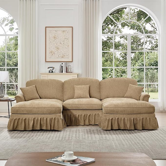 KEIKI Mid Century Modular Sofa with Flared Arms and Skirted Design, 107” Oversized 3-Seater with 2 Ottomans Chenille U-Shaped Sectional Couches for Living Room, Chaise Lounge Indoor, Light Coffee